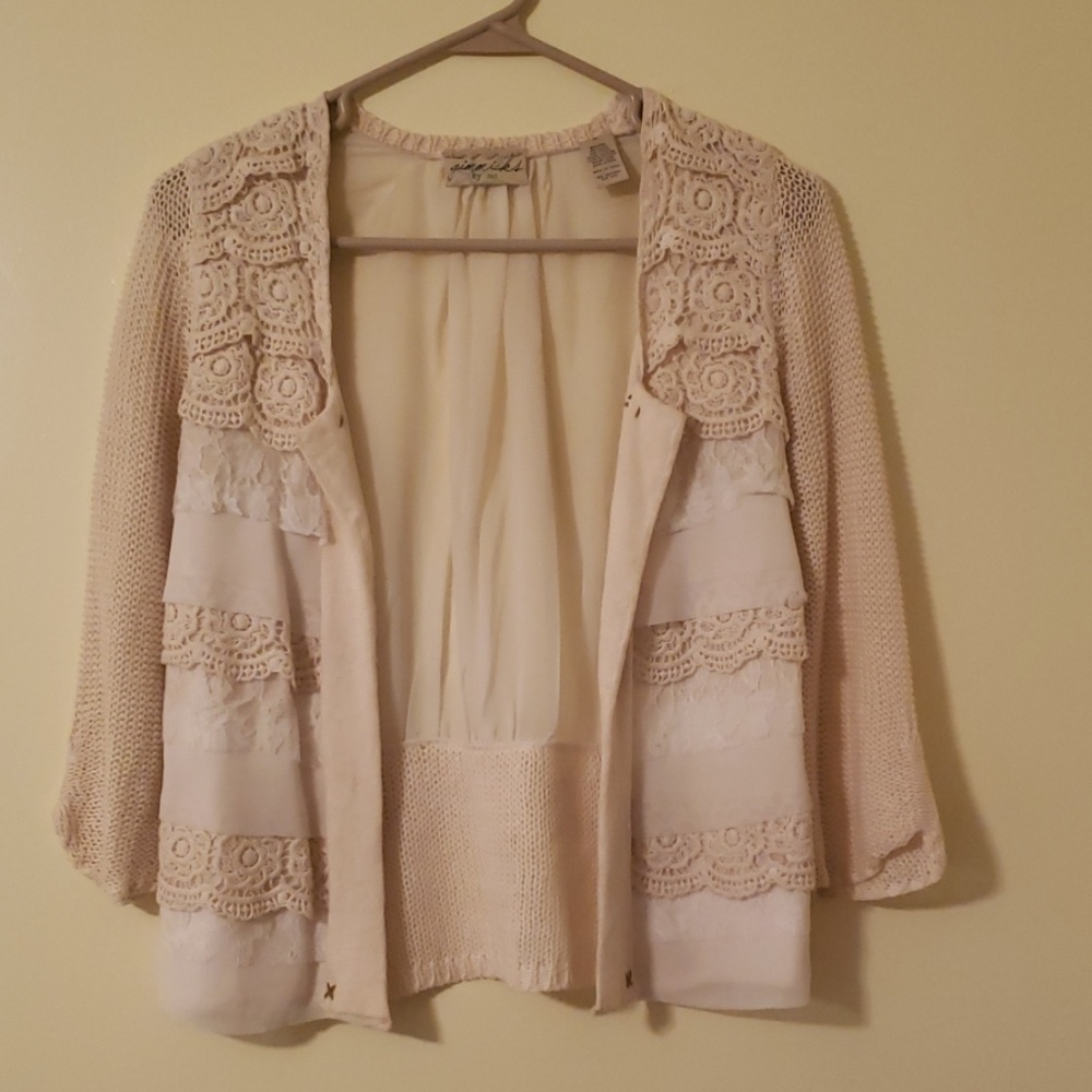 BKE Cream knit and sheer cardigan